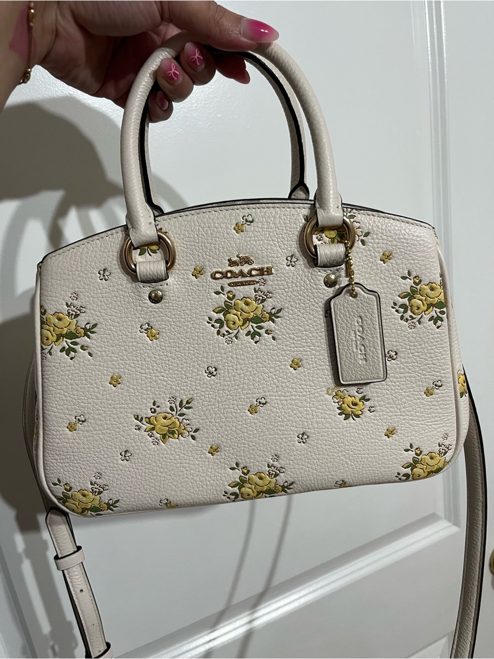 COACH Savannah Floral Pebble Leather Satchel - Chalk/Yellow